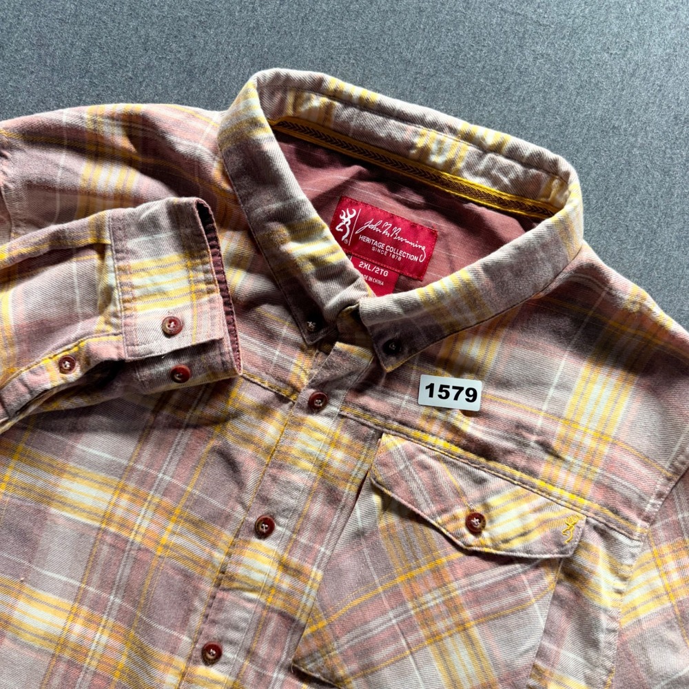 Browning Heritage Collection Plaid Flannel Shirt Mens 2XL Pink Yellow L/S